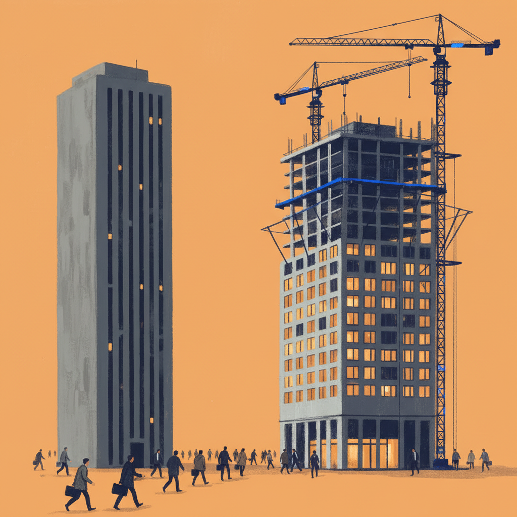 Editorial illustration of businesses moving from an older tower toward a newer, brighter one